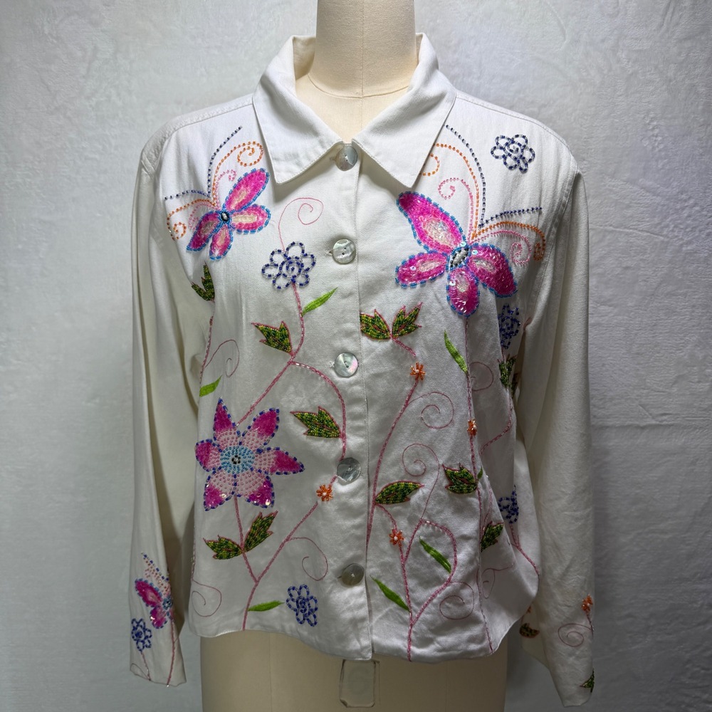 Carrie Allen Womens M White Floral Beaded Sequin Embroidered Denim Jacket Boho *